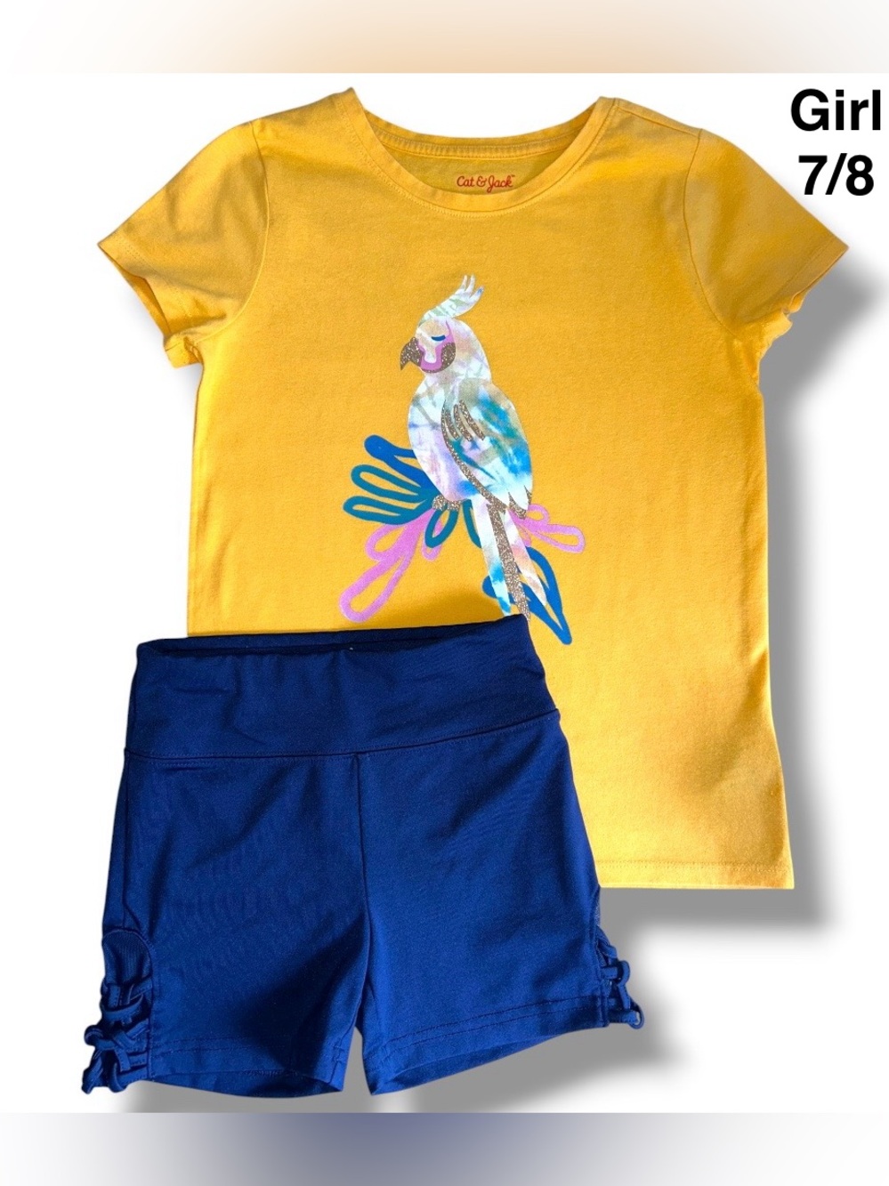 Cat & Jack Yellow Parrot Tee with Justice Navy Active Shorts size 7-8